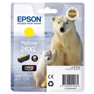 Epson Polar Bear 26XL Claria Premium Ink, High Yield Ink Cartridge, Yellow Single Pack, C13T26344010